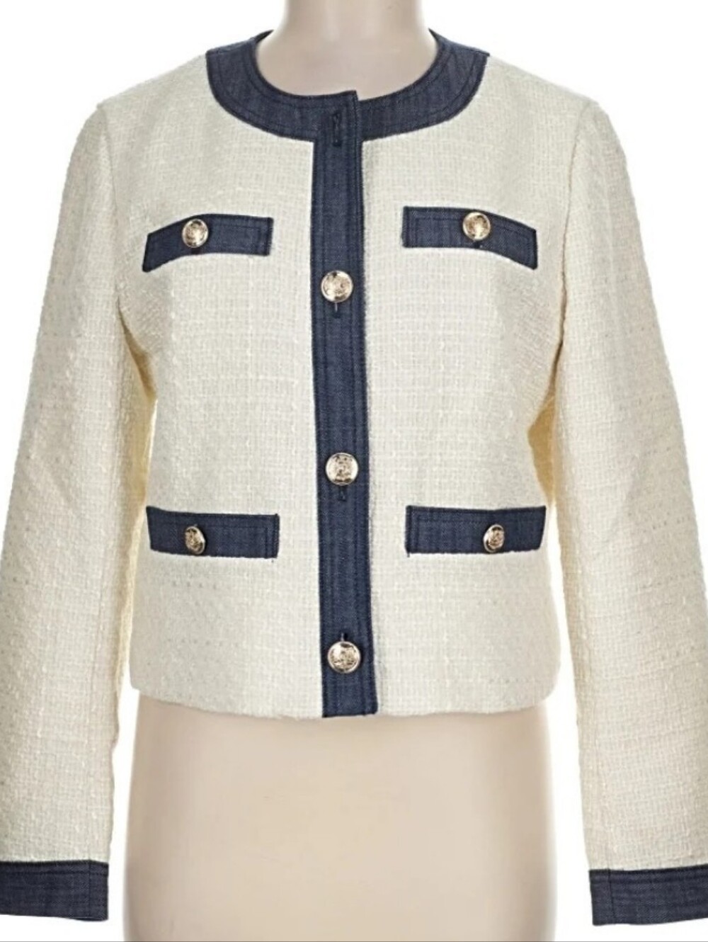 Girls Tweed Button-Front Jacket with Navy Trim
